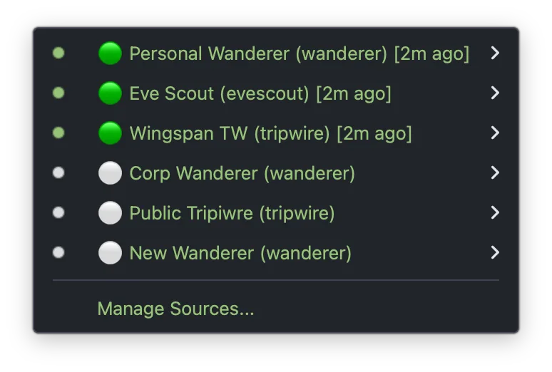 The sources panel: per-provider toggles, targeted refresh, and how stale each map has become.